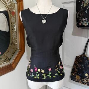 VTG Y2K Talbots Black & Multicolor Floral Embroidered Silk Dark Fairy Tank Top